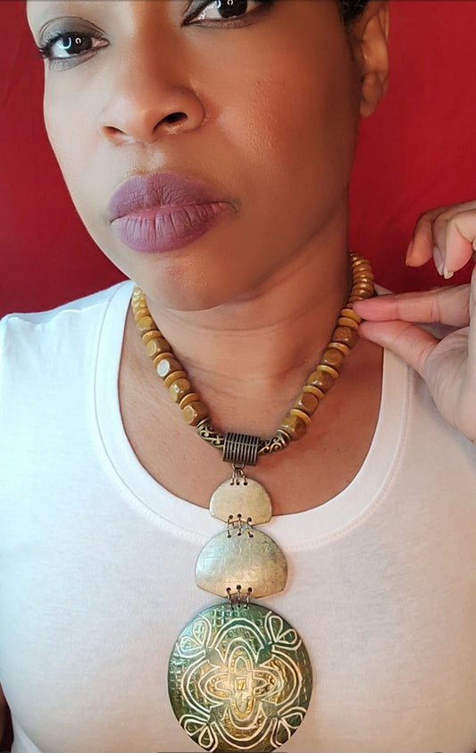 KD-1135 Wood Statement Necklace with 3 Tiered Hand Carved Focal Neck Piece