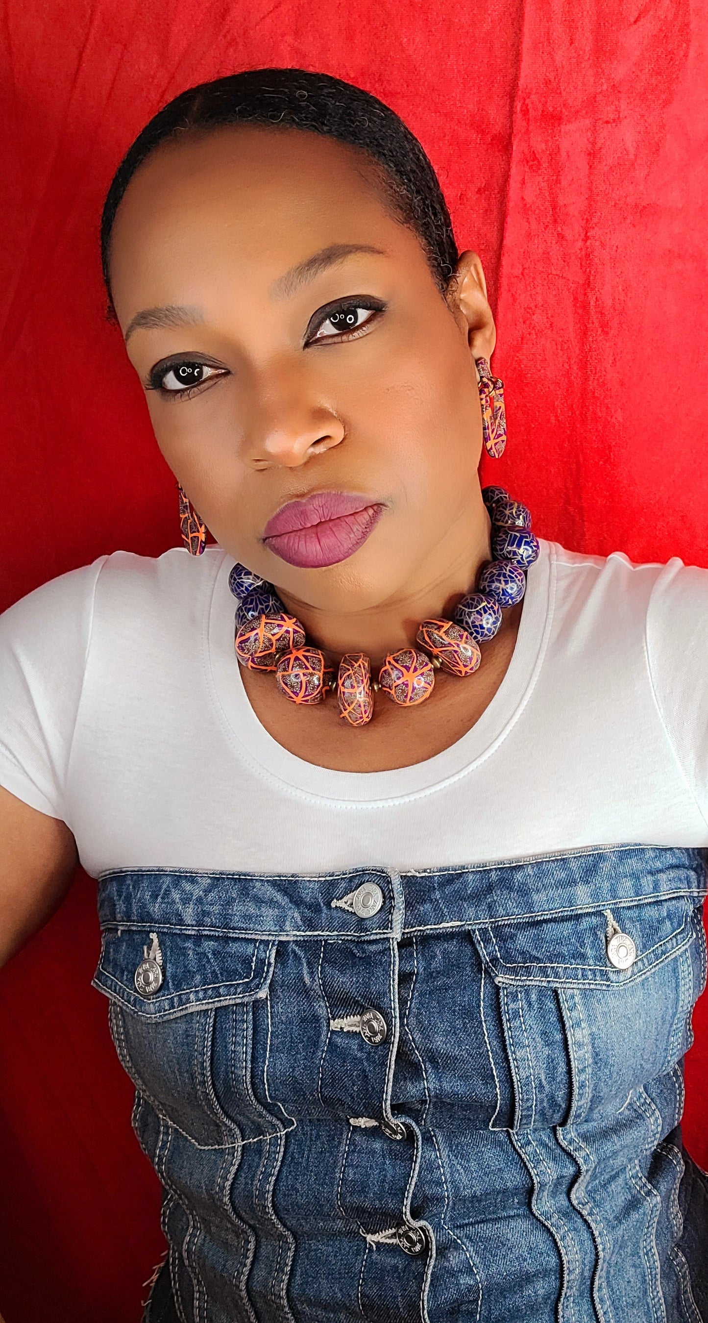 KD-0110 Chunky Artisan Statement Choker Necklace #3 (Limited Series) Orange Multi/Blue