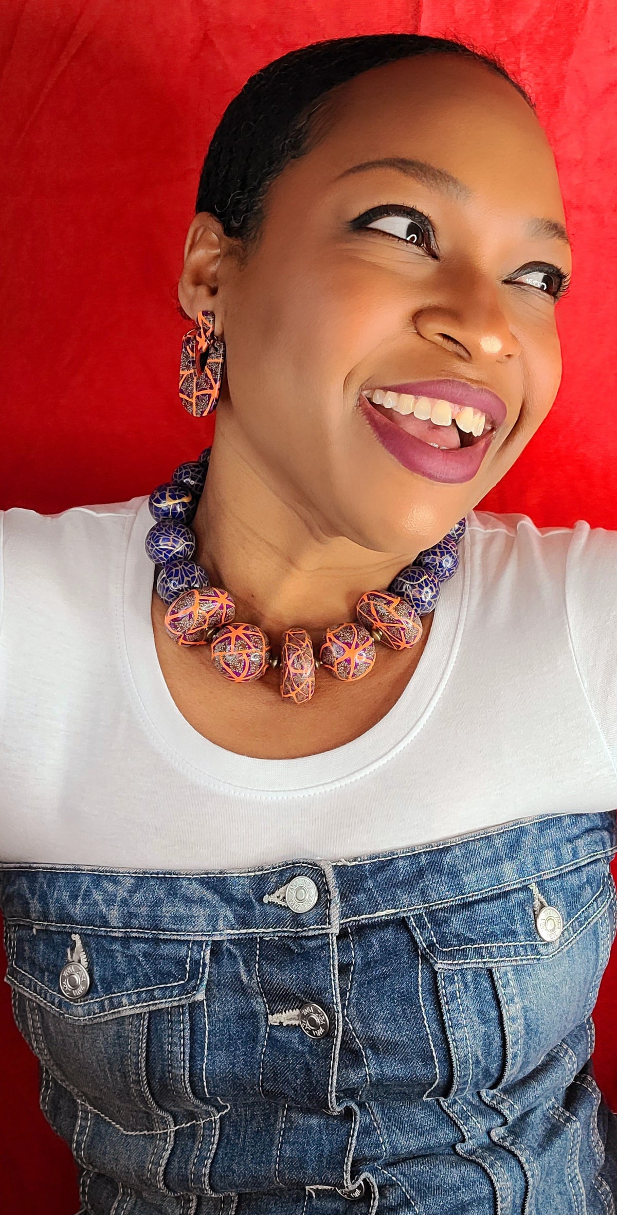 KD-0110 Chunky Artisan Statement Choker Necklace #3 (Limited Series) Orange Multi/Blue