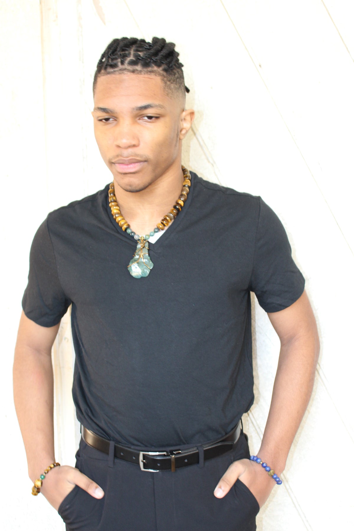 KD-0106 Tiger's Eye Necklace w/ Moss Agate Wire Wrapped Pendant, 20 Inches