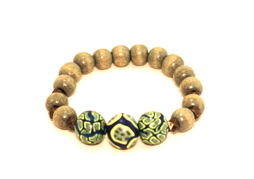 KD-SS011 "Aligned" Hand-Rolled Beads and Wood Stretch Bracelet