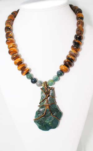 KD-0106 Tiger's Eye Necklace w/ Moss Agate Wire Wrapped Pendant, 20 Inches