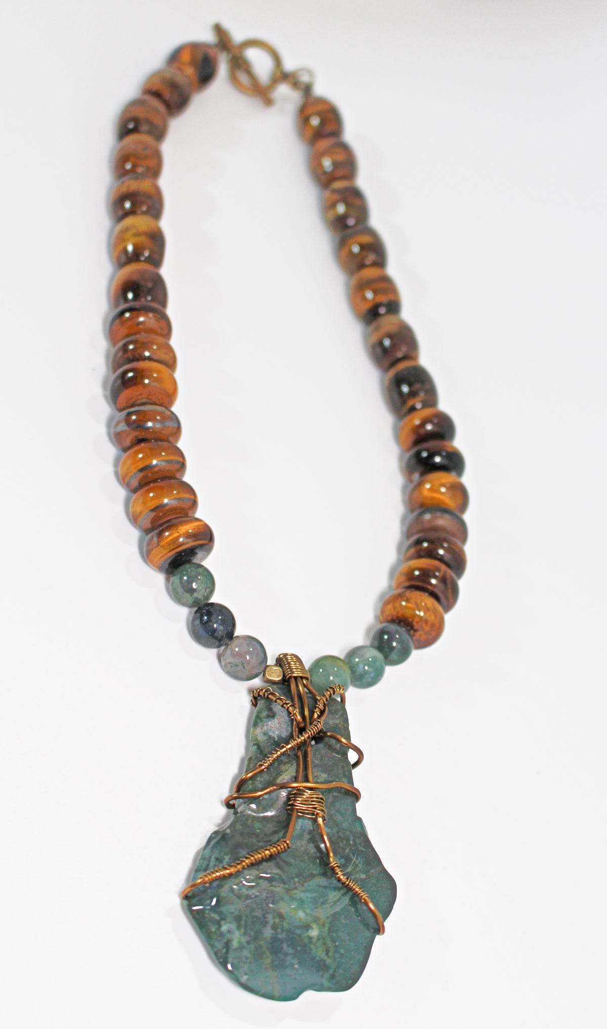 KD-0106 Tiger's Eye Necklace w/ Moss Agate Wire Wrapped Pendant, 20 Inches