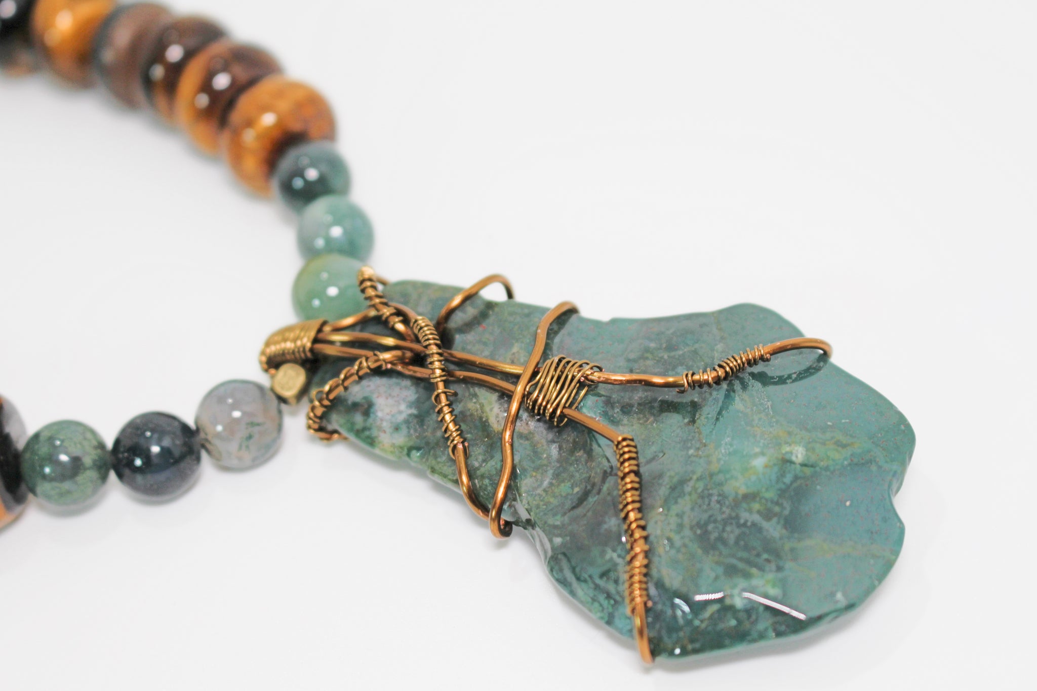 KD-0106 Tiger's Eye Necklace w/ Moss Agate Wire Wrapped Pendant, 20 Inches