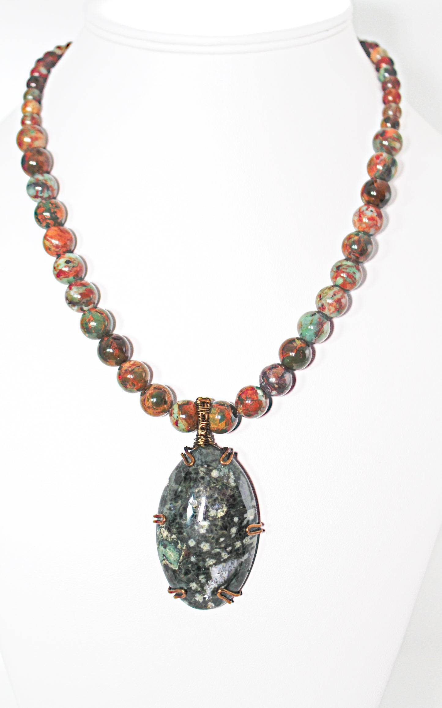 KD-0105 African Green Opal Necklace w/ Serpentine Stone Pendant, 20 Inches