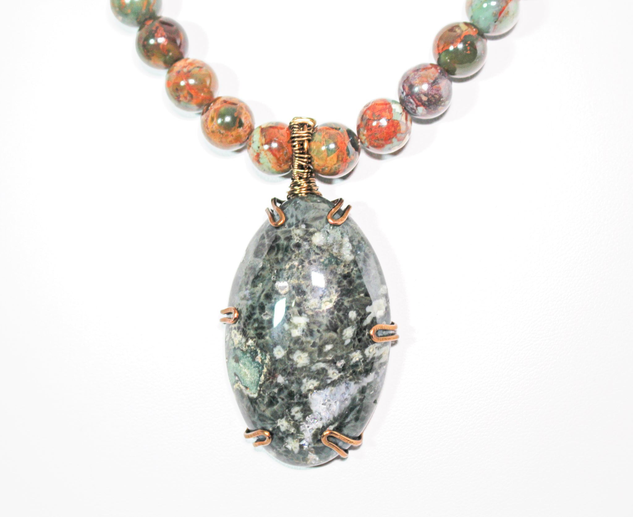 KD-0105 African Green Opal Necklace w/ Serpentine Stone Pendant, 20 Inches