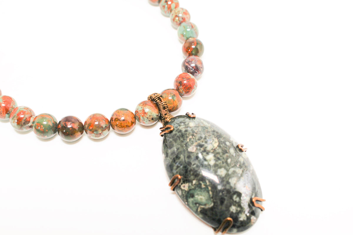 KD-0105 African Green Opal Necklace w/ Serpentine Stone Pendant, 20 Inches