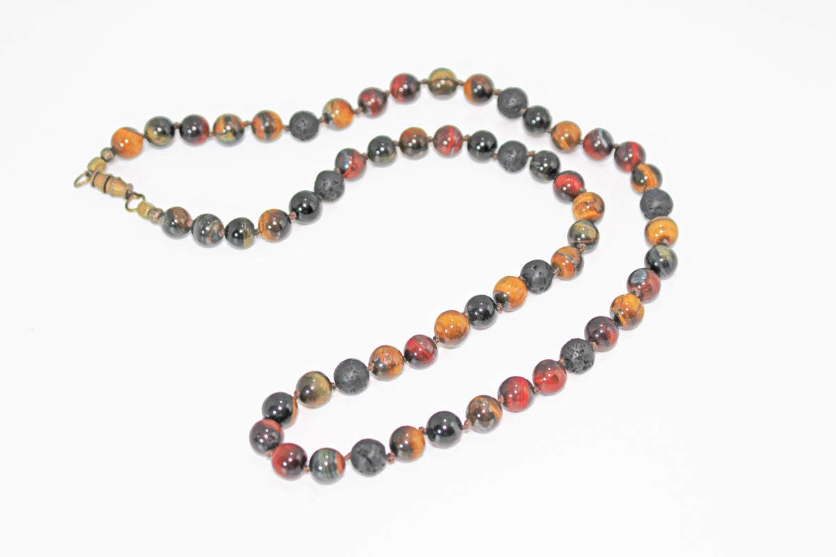 KD-0107 Knotted Tiger's Eye and Lava Necklace