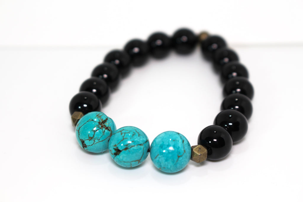 KD-0113 Turquoise and Onyx Semi-Precious Stone Stretch Bracelet