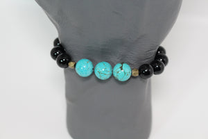 KD-0113 Turquoise and Onyx Semi-Precious Stone Stretch Bracelet