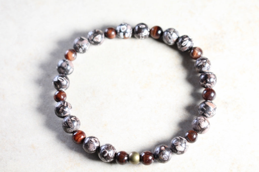 KD-0054 Red Tiger's Eye and Howlite Stone Bracelet