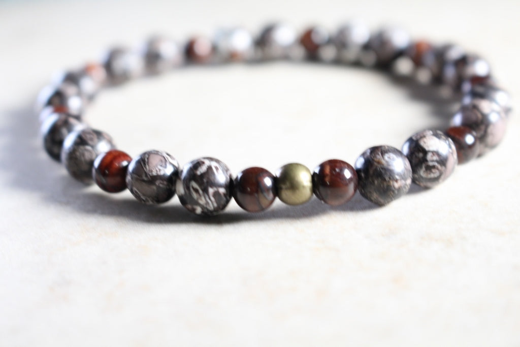 KD-0054 Red Tiger's Eye and Howlite Stone Bracelet