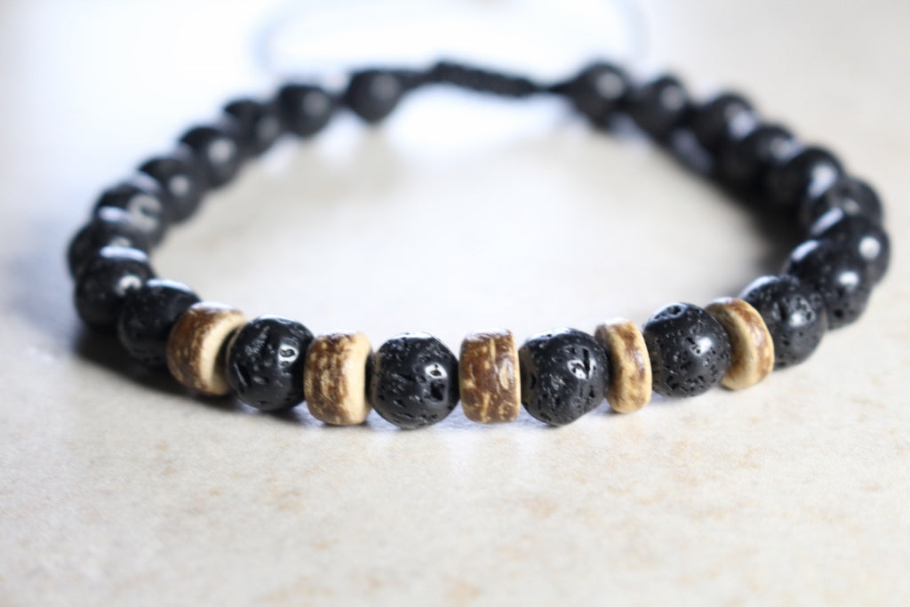 KD-0068 Adjustable Lava and Wooden Bead Bracelet