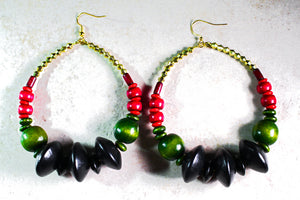 KD-0077 Wood & Hematite Beaded Hoop Earrings