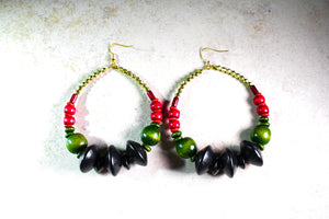 KD-0077 Wood & Hematite Beaded Hoop Earrings