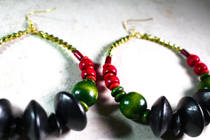 KD-0077 Wood & Hematite Beaded Hoop Earrings