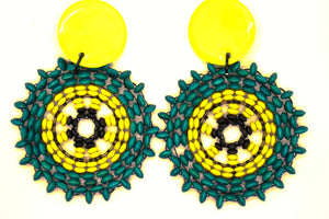 KD-1107 Maximalist Yellow/Blue Green Beaded Clip-On Posts