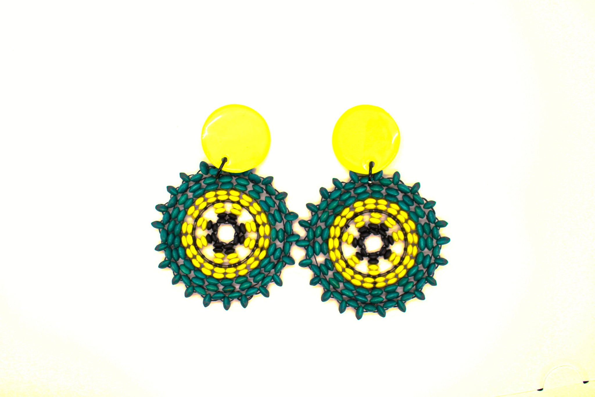 KD-1107 Maximalist Yellow/Blue Green Beaded Clip-On Posts