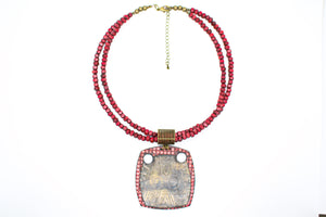 KD-1133 Double Strand Beaded Rich Red Artisan Focal Necklace